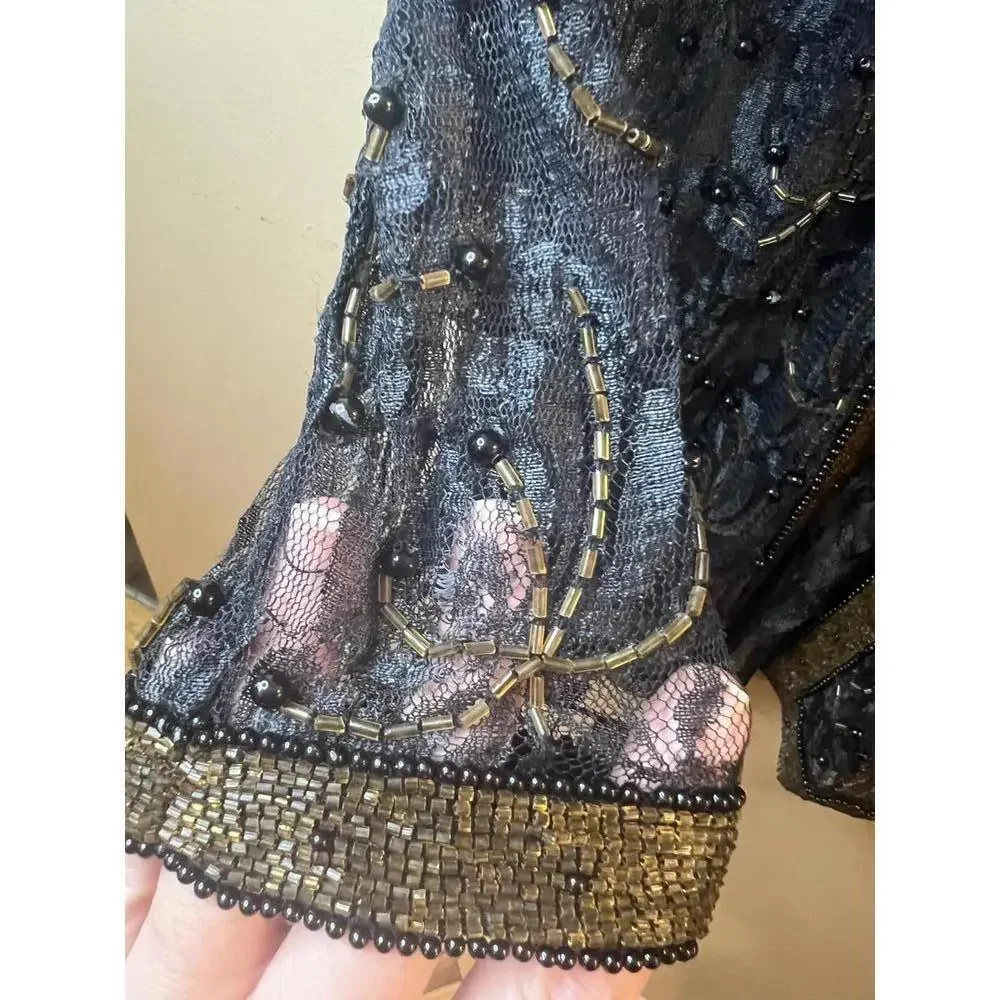 Scala Evening Wear Sheer Beaded Lace Vintage Long Cardigan Jacket Size Small
